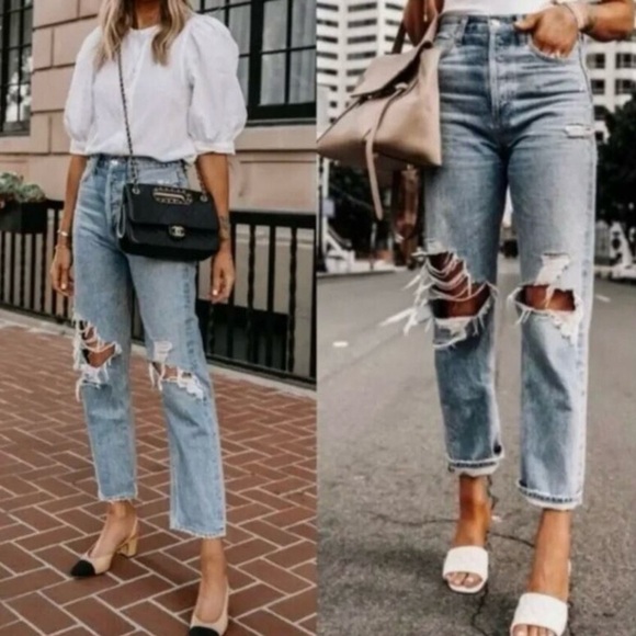 Agolde 90s Mid Rise Loose Fit Jean Distressed Denim Ripped Knee Fall Out 26 - Picture 4 of 16